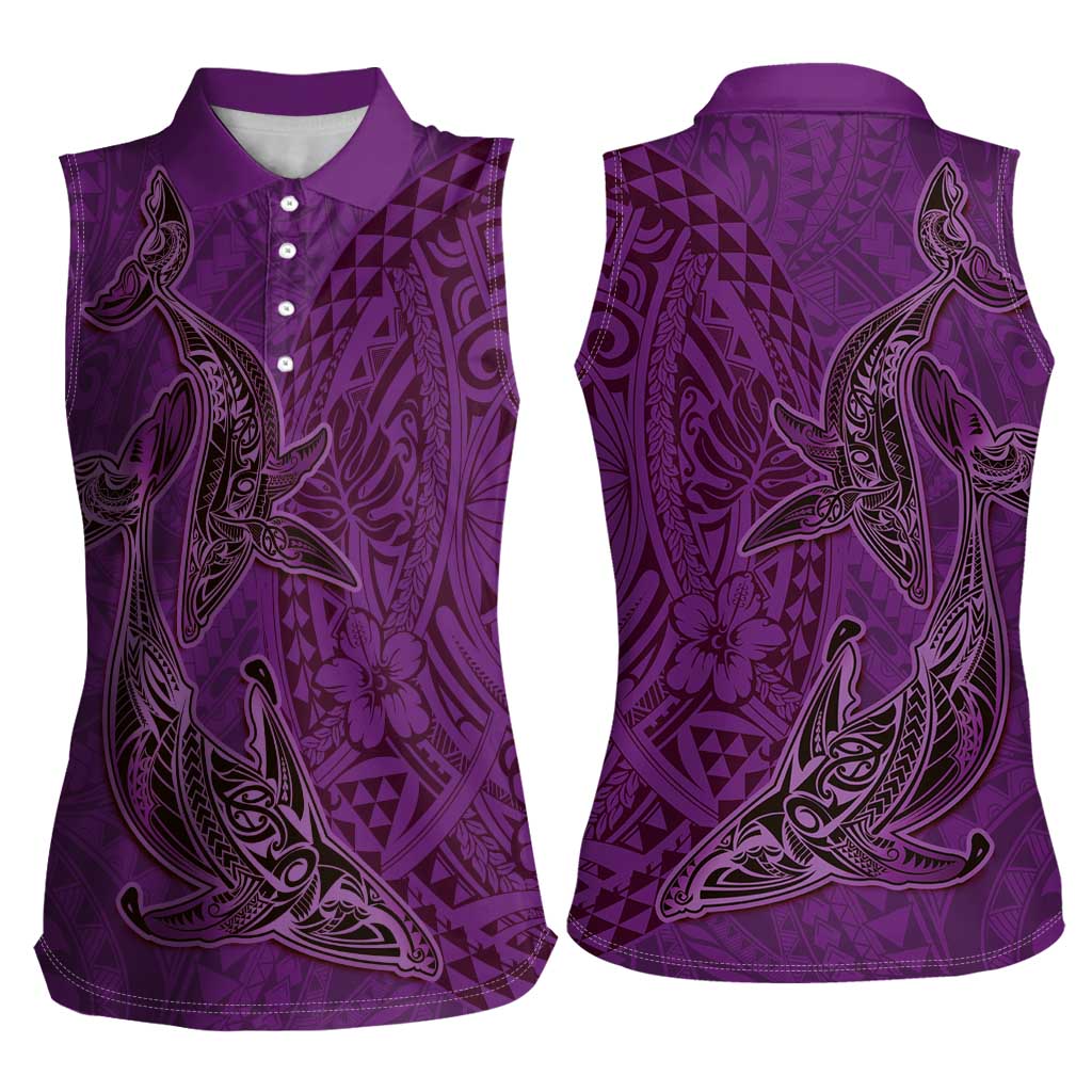 Hawaiian Whales Polynesian Art Motifs Women Sleeveless Polo Shirt Purple Color - Polynesian Pride