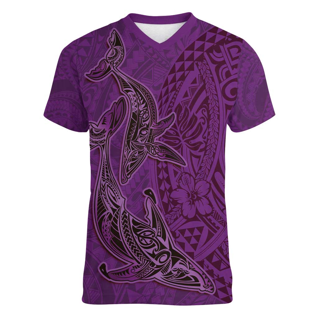 Hawaiian Whales Polynesian Art Motifs Women V-Neck T-Shirt Purple Color - Polynesian Pride