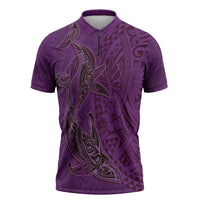 Hawaiian Whales Polynesian Art Motifs Zipper Polo Shirt Purple Color - Polynesian Pride