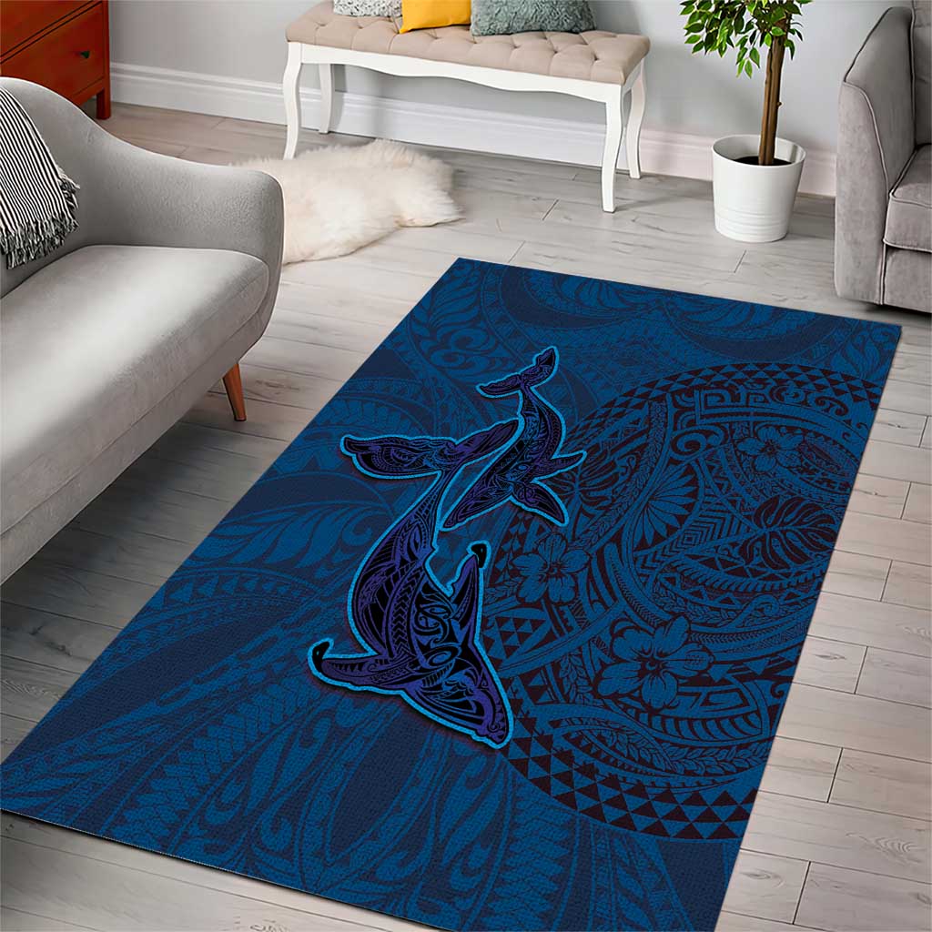 Hawaiian Whales Polynesian Art Motifs Area Rug Blue Color - Polynesian Pride