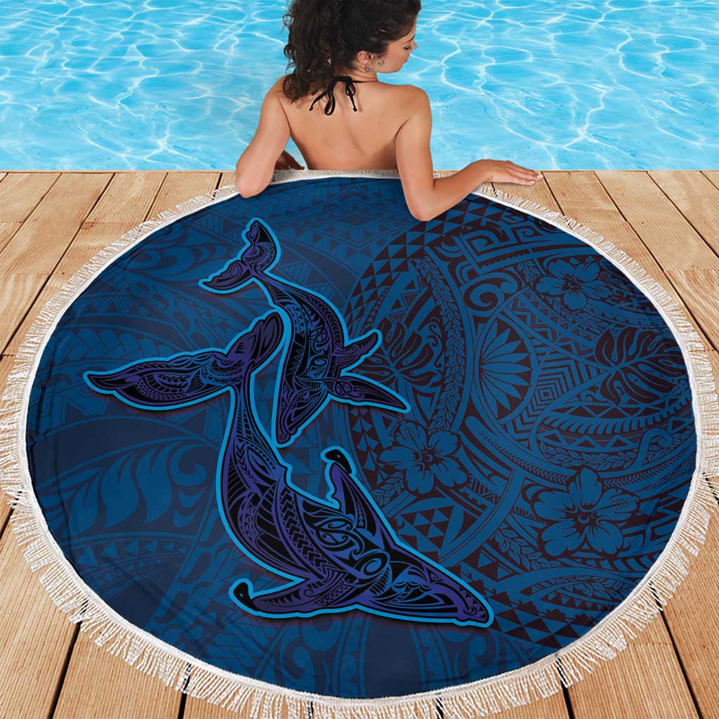 Hawaiian Whales Polynesian Art Motifs Beach Blanket Blue Color - Polynesian Pride