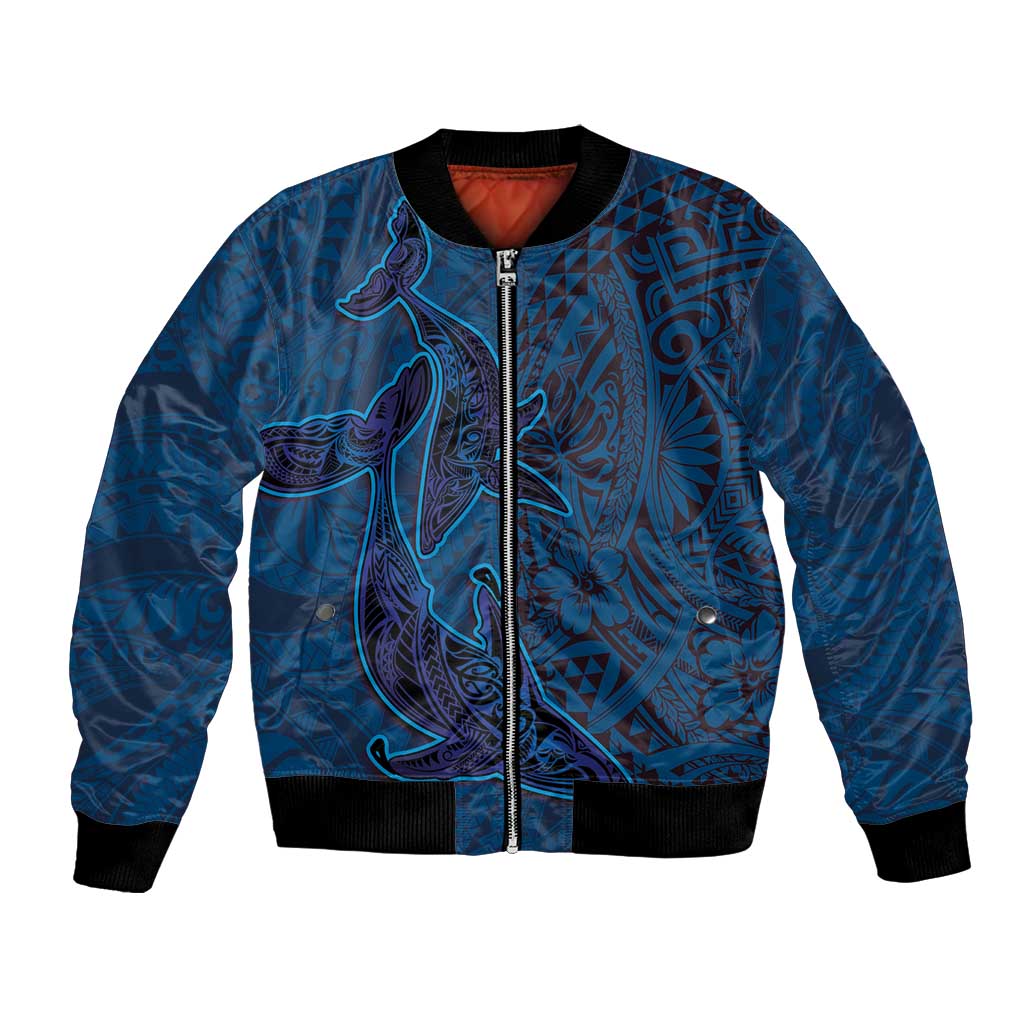 Hawaiian Whales Polynesian Art Motifs Bomber Jacket Blue Color - Polynesian Pride