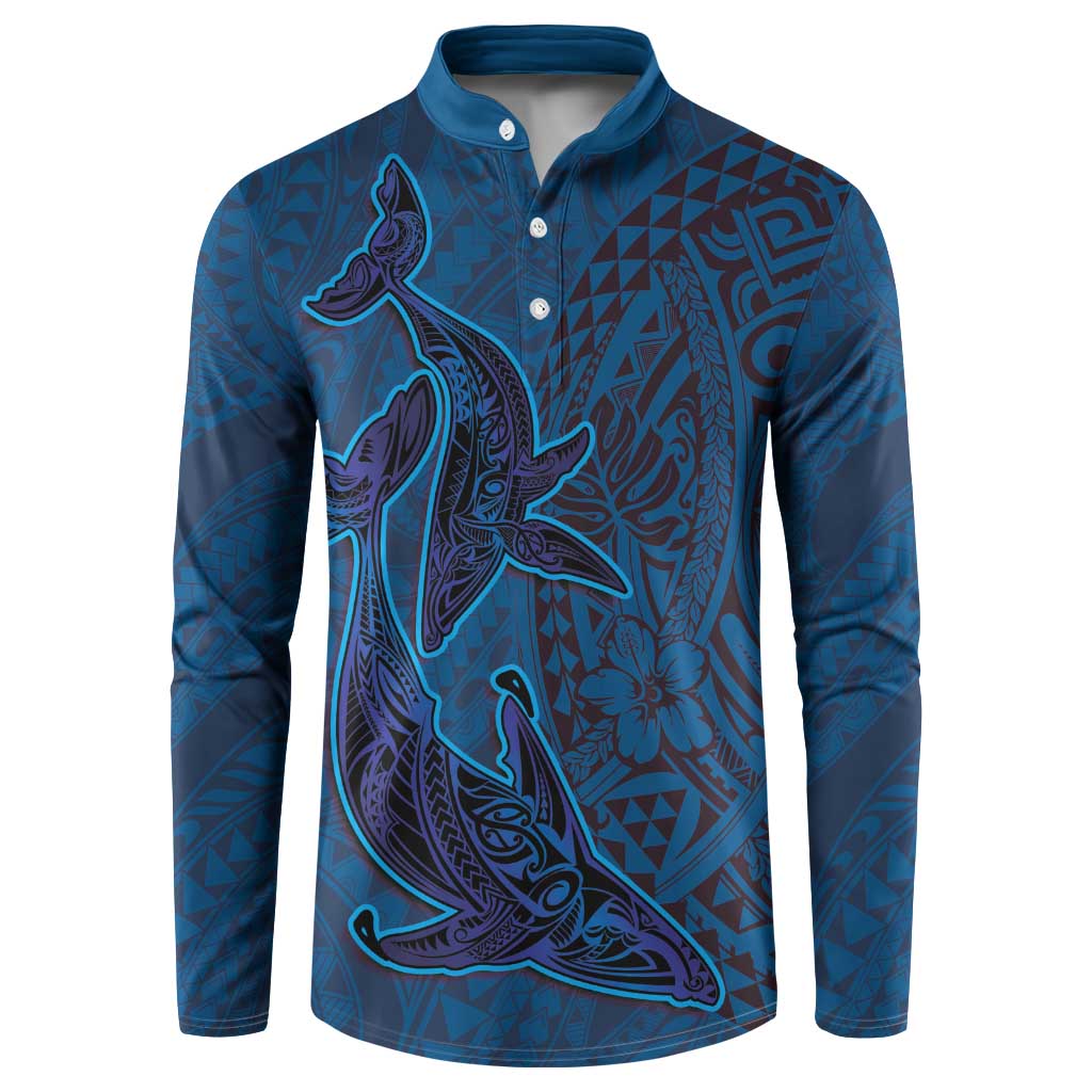 Hawaiian Whales Polynesian Art Motifs Button Sweatshirt Blue Color - Polynesian Pride