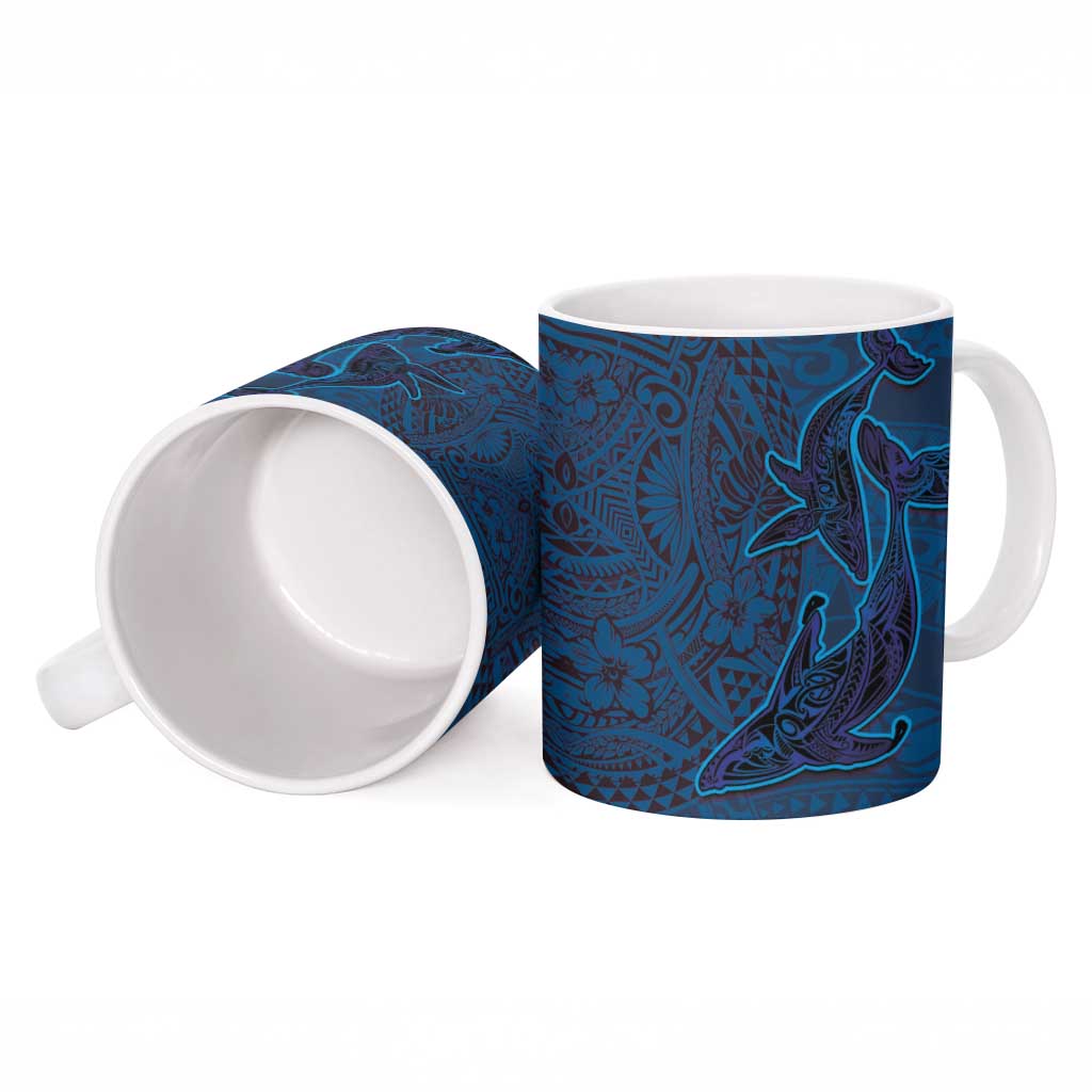Hawaiian Whales Polynesian Art Motifs Ceramic Mug Blue Color - Polynesian Pride