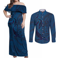 Hawaiian Whales Polynesian Art Motifs Couples Matching Off Shoulder Maxi Dress and Long Sleeve Button Shirt Blue Color - Polynesian Pride