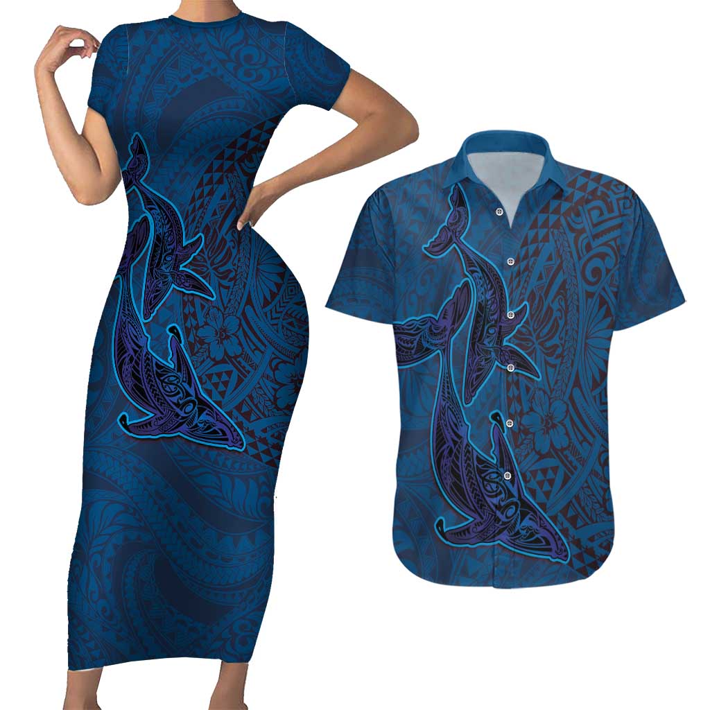 Hawaiian Whales Polynesian Art Motifs Couples Matching Short Sleeve Bodycon Dress and Hawaiian Shirt Blue Color - Polynesian Pride