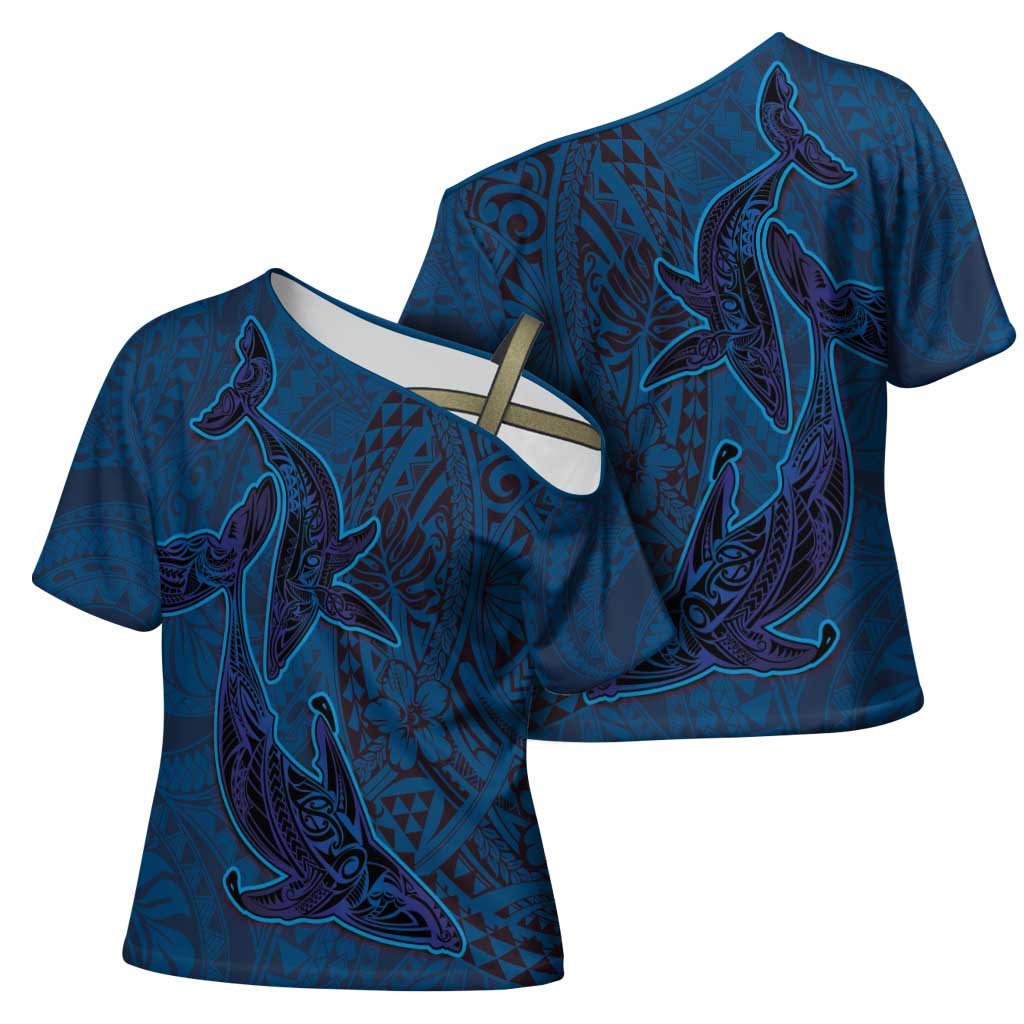 Hawaiian Whales Polynesian Art Motifs Cross Shoulder Shirt Blue Color - Polynesian Pride