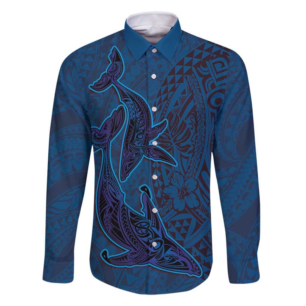 Hawaiian Whales Polynesian Art Motifs Family Matching Long Sleeve Bodycon Dress and Hawaiian Shirt Blue Color - Polynesian Pride