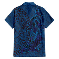 Hawaiian Whales Polynesian Art Motifs Family Matching Off The Shoulder Long Sleeve Dress and Hawaiian Shirt Blue Color - Polynesian Pride