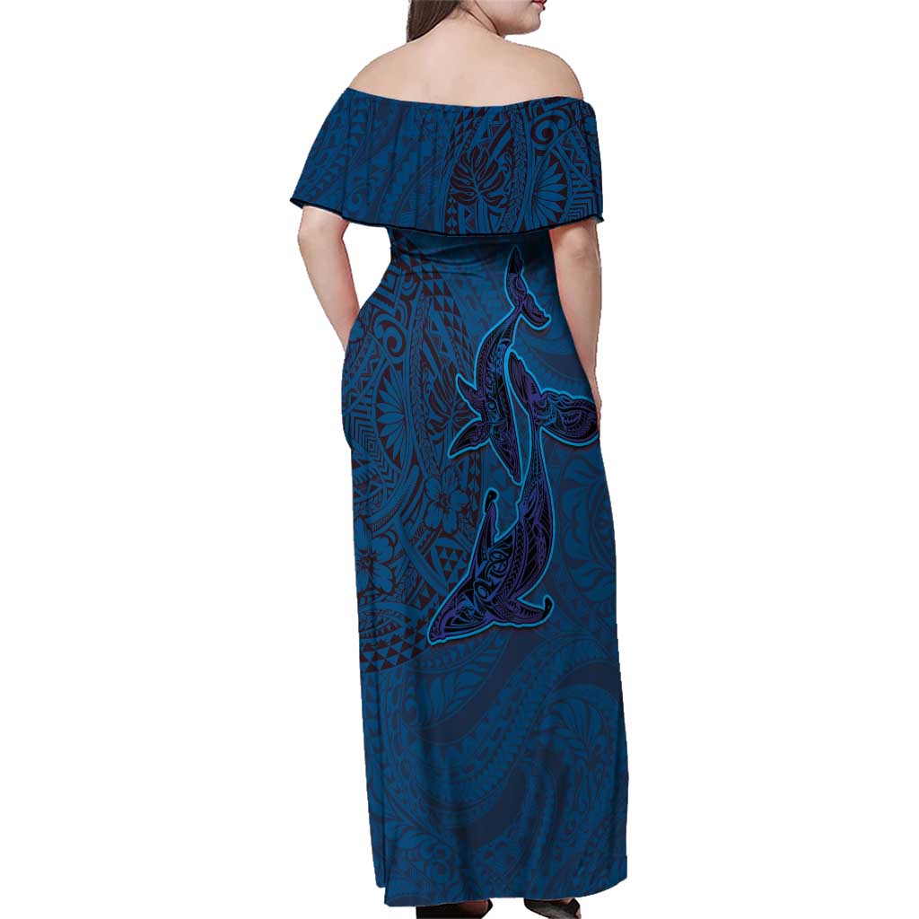 Hawaiian Whales Polynesian Art Motifs Family Matching Off Shoulder Maxi Dress and Hawaiian Shirt Blue Color - Polynesian Pride