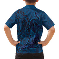 Hawaiian Whales Polynesian Art Motifs Family Matching Off Shoulder Short Dress and Hawaiian Shirt Blue Color - Polynesian Pride