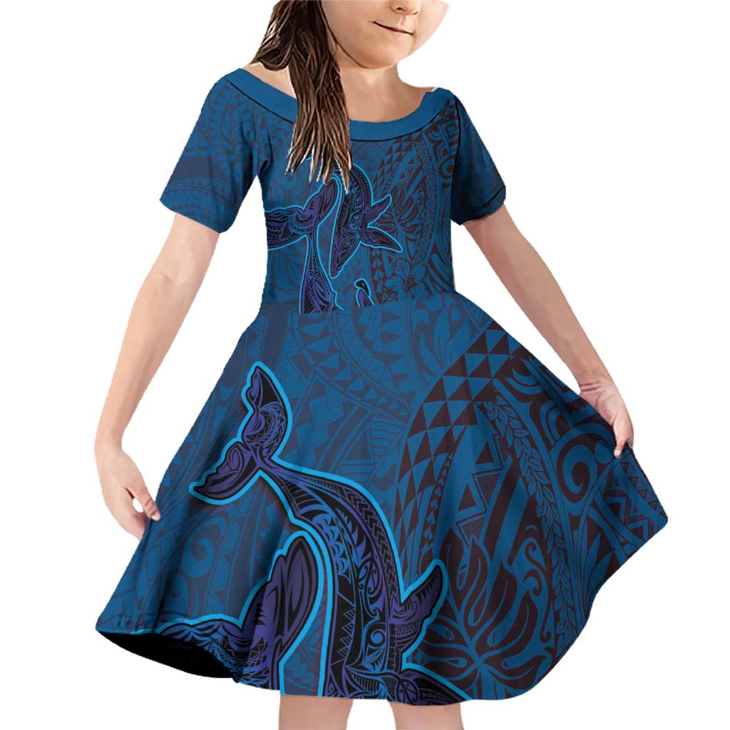 Hawaiian Whales Polynesian Art Motifs Family Matching Off Shoulder Short Dress and Hawaiian Shirt Blue Color - Polynesian Pride