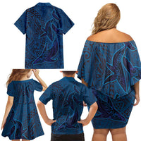 Hawaiian Whales Polynesian Art Motifs Family Matching Off Shoulder Short Dress and Hawaiian Shirt Blue Color - Polynesian Pride