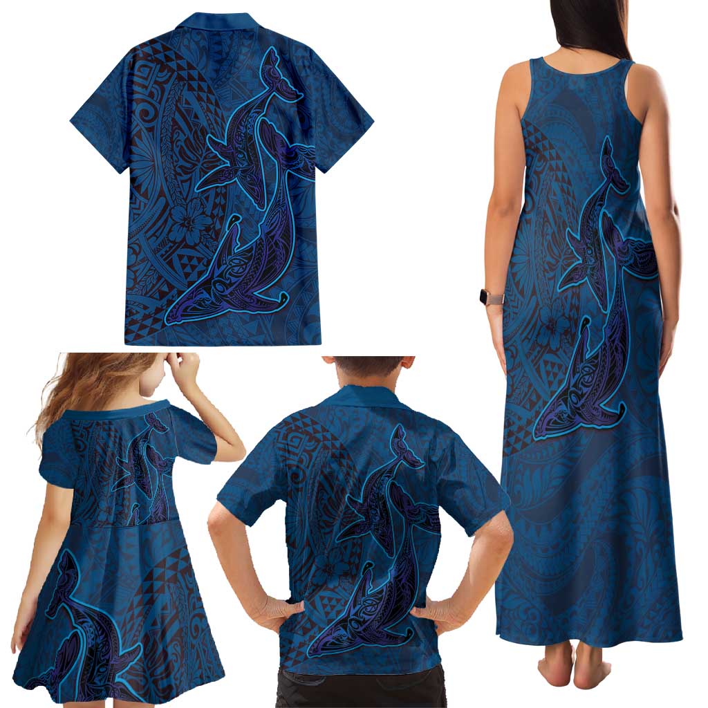 Hawaiian Whales Polynesian Art Motifs Family Matching Tank Maxi Dress and Hawaiian Shirt Blue Color - Polynesian Pride