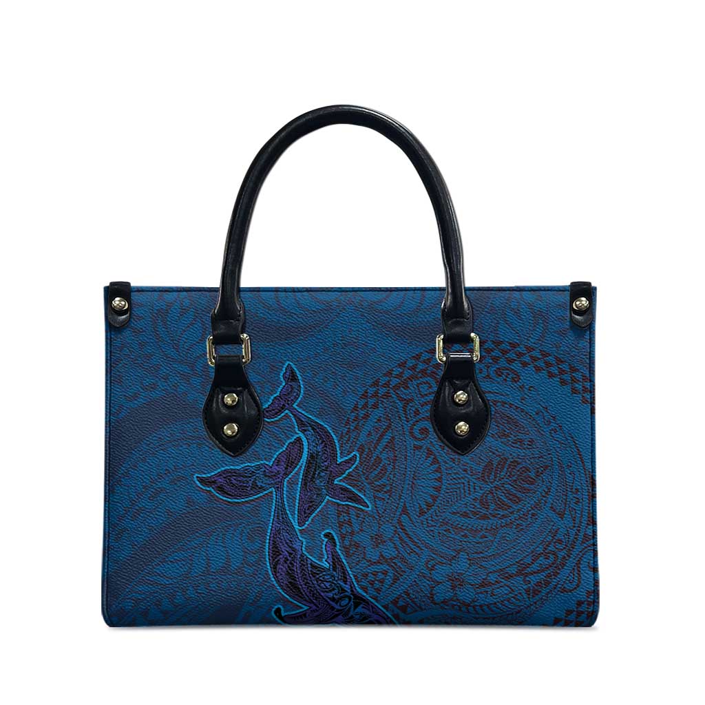 Hawaiian Whales Polynesian Art Motifs Leather Bag Blue Color - Polynesian Pride