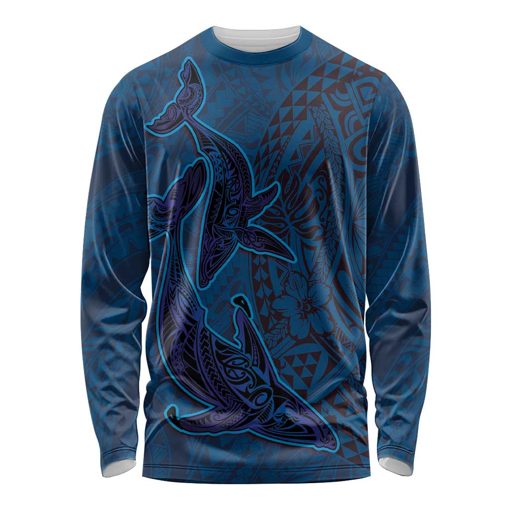 Hawaiian Whales Polynesian Art Motifs Long Sleeve Shirt Blue Color - Polynesian Pride