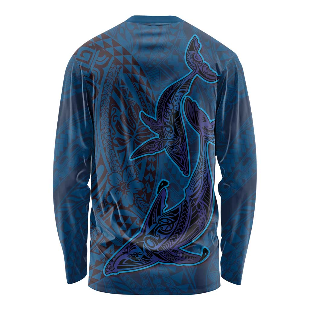 Hawaiian Whales Polynesian Art Motifs Long Sleeve Shirt Blue Color - Polynesian Pride