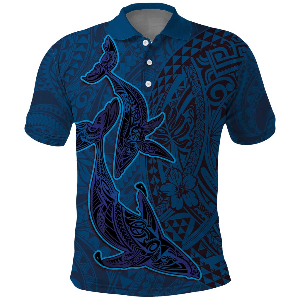 Hawaiian Whales Polynesian Art Motifs Polo Shirt Blue Color - Polynesian Pride