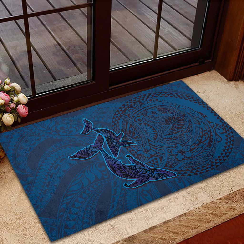 Hawaiian Whales Polynesian Art Motifs Rubber Doormat Blue Color - Polynesian Pride