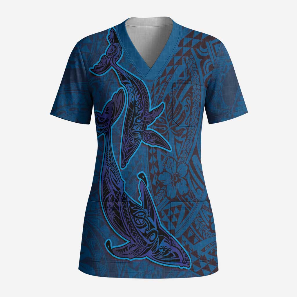 Hawaiian Whales Polynesian Art Motifs Scrub Top Blue Color - Polynesian Pride