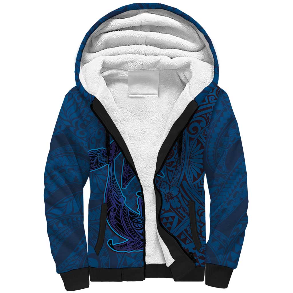 Hawaiian Whales Polynesian Art Motifs Sherpa Hoodie Blue Color - Polynesian Pride