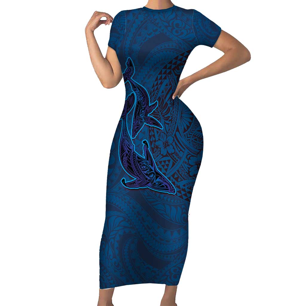 Hawaiian Whales Polynesian Art Motifs Short Sleeve Bodycon Dress Blue Color - Polynesian Pride