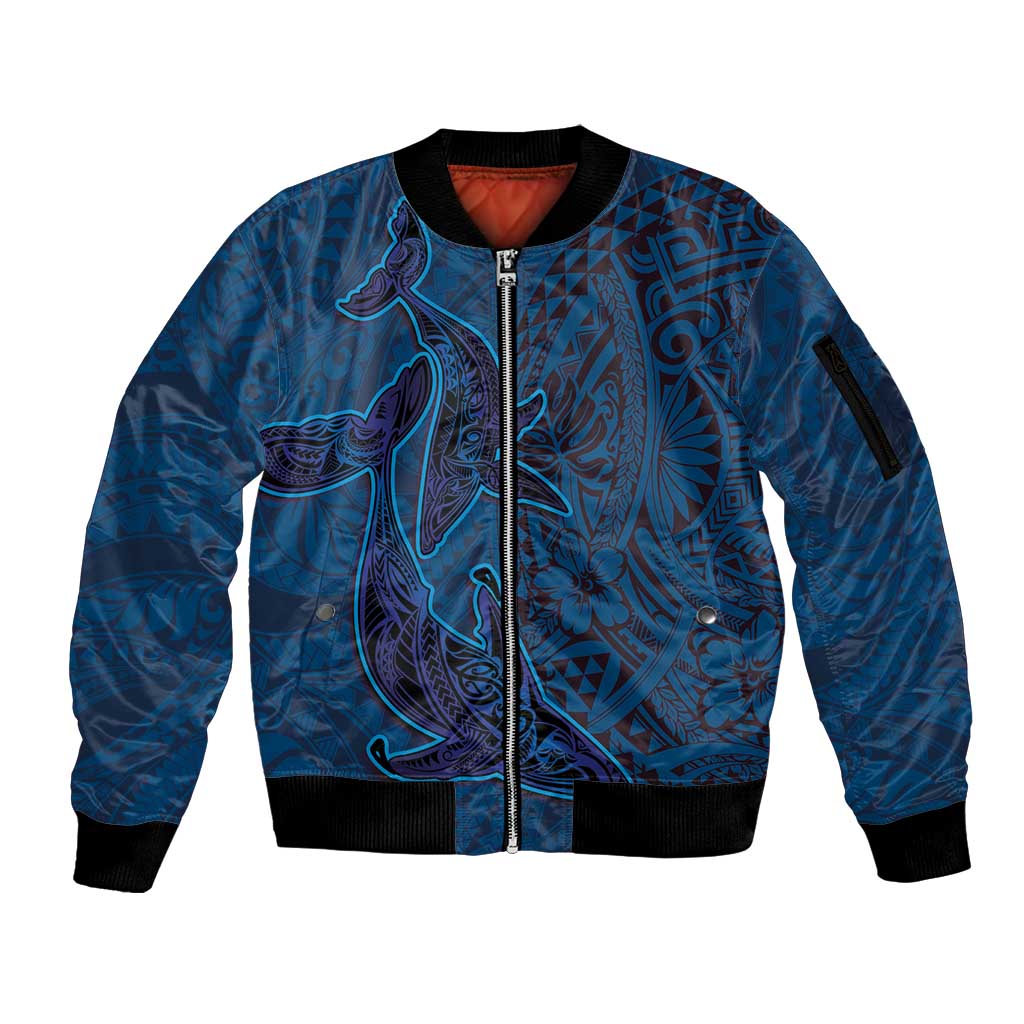 Hawaiian Whales Polynesian Art Motifs Sleeve Zip Bomber Jacket Blue Color - Polynesian Pride