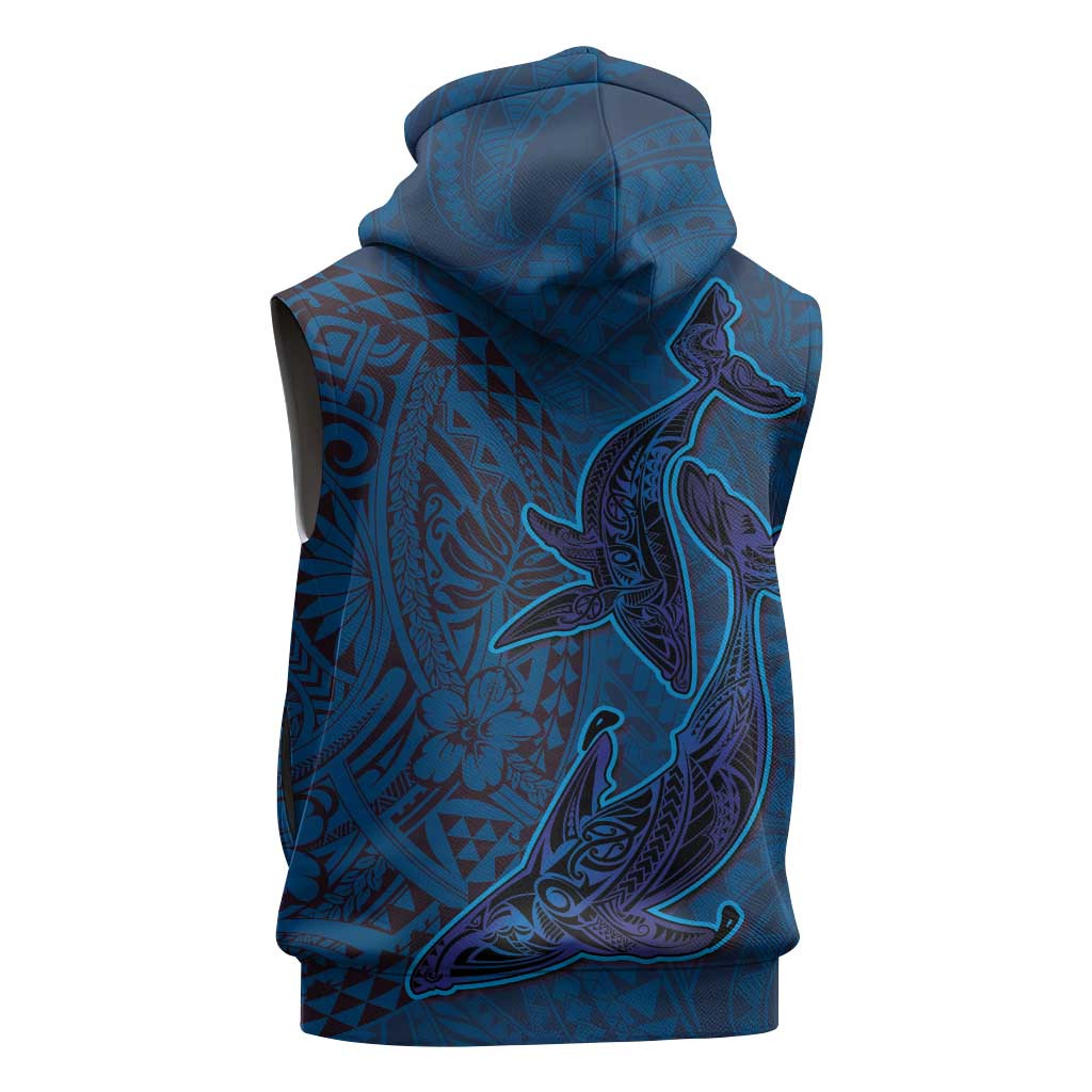 Hawaiian Whales Polynesian Art Motifs Sleeveless Hoodie Blue Color - Polynesian Pride