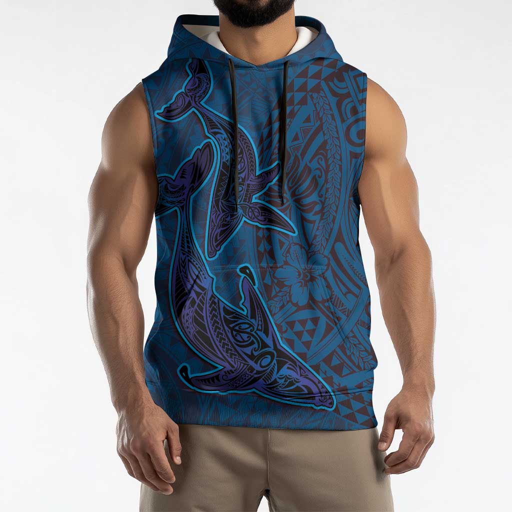 Hawaiian Whales Polynesian Art Motifs Sleeveless Hoodie Blue Color - Polynesian Pride