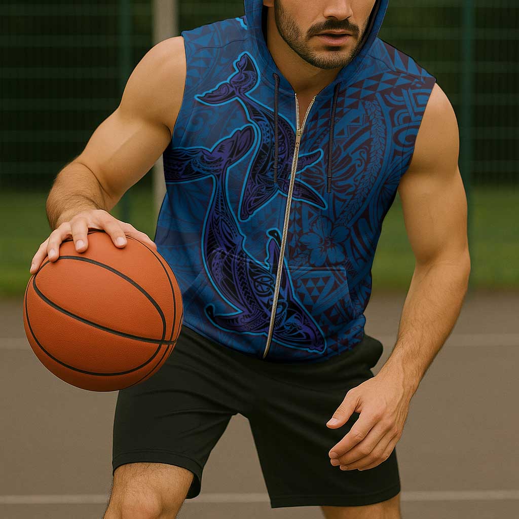 Hawaiian Whales Polynesian Art Motifs Sleeveless Zip Hoodie Blue Color - Polynesian Pride