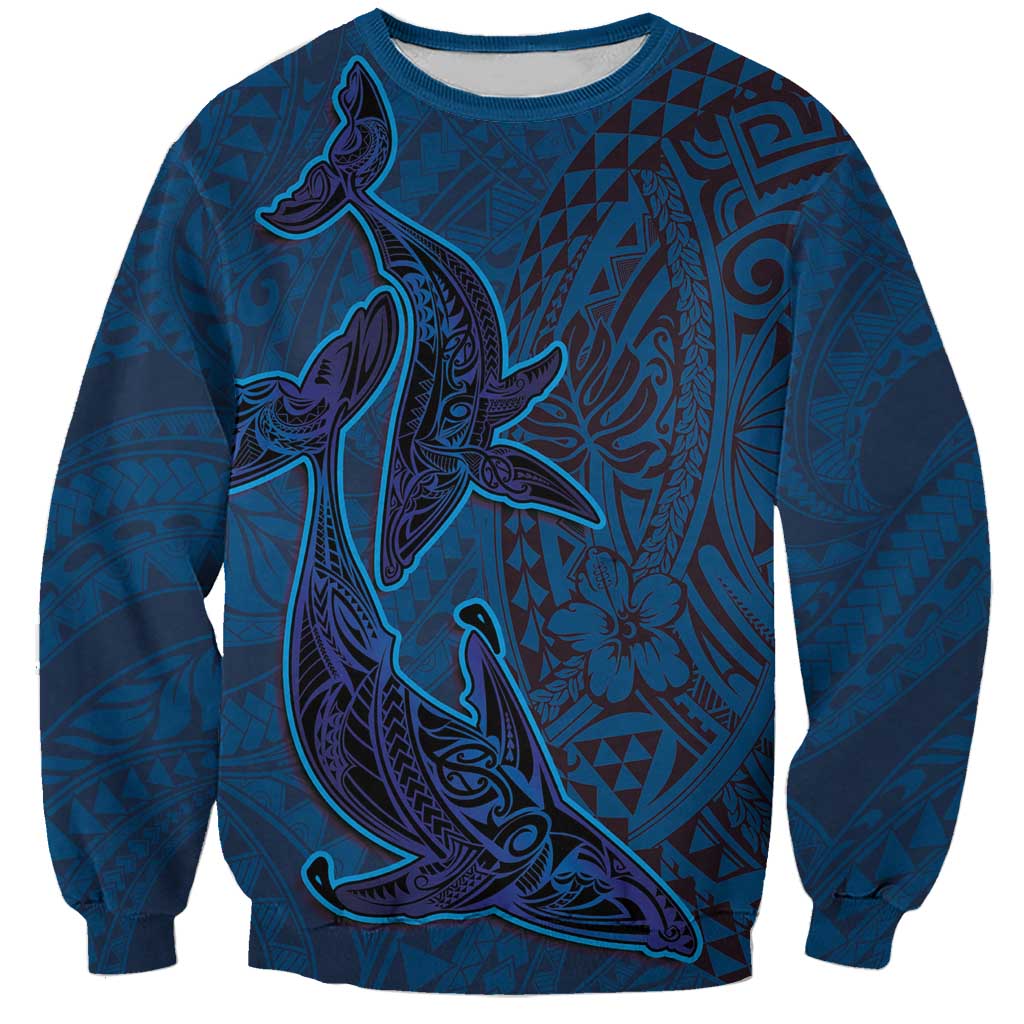 Hawaiian Whales Polynesian Art Motifs Sweatshirt Blue Color - Polynesian Pride