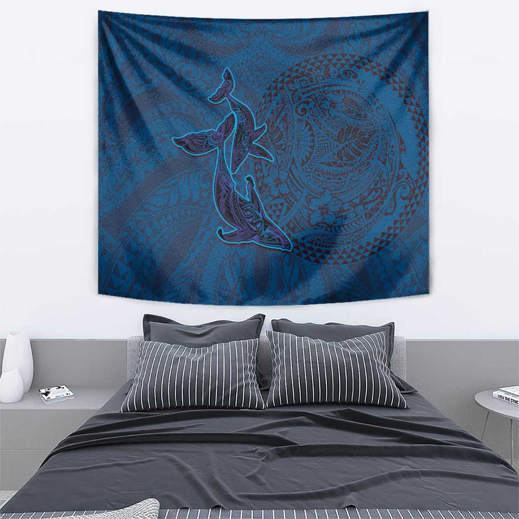 Hawaiian Whales Polynesian Art Motifs Tapestry Blue Color - Polynesian Pride