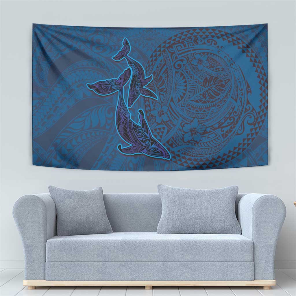 Hawaiian Whales Polynesian Art Motifs Tapestry Blue Color - Polynesian Pride
