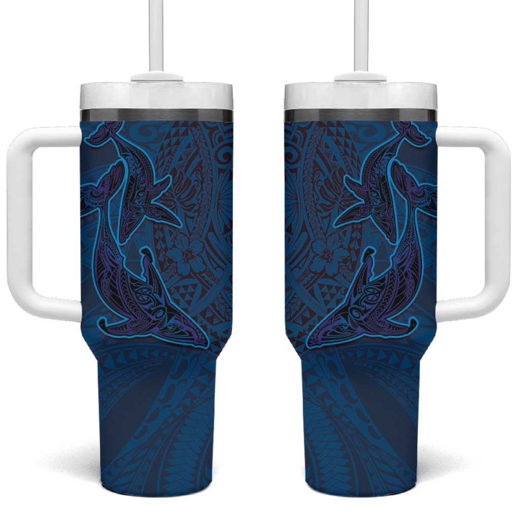Hawaiian Whales Polynesian Art Motifs Tumbler With Handle Blue Color - Polynesian Pride