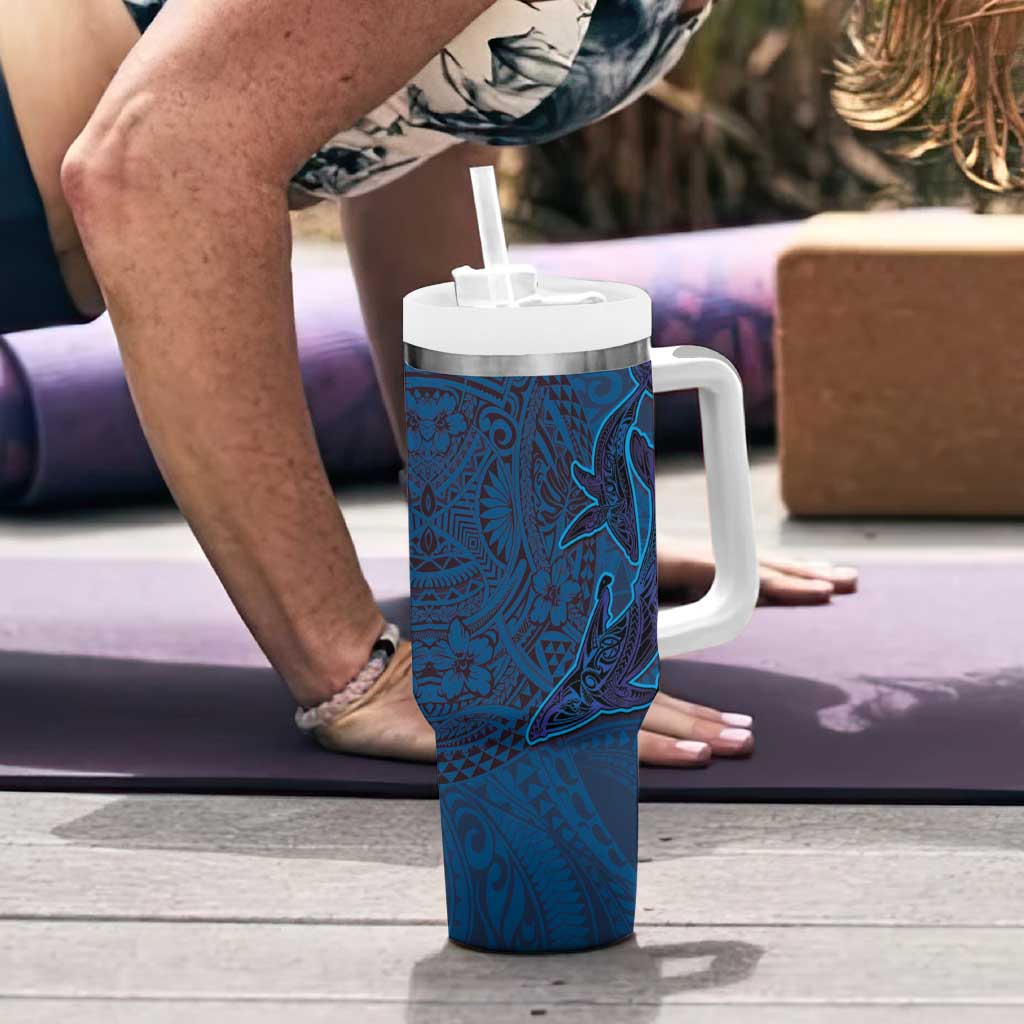 Hawaiian Whales Polynesian Art Motifs Tumbler With Handle Blue Color - Polynesian Pride