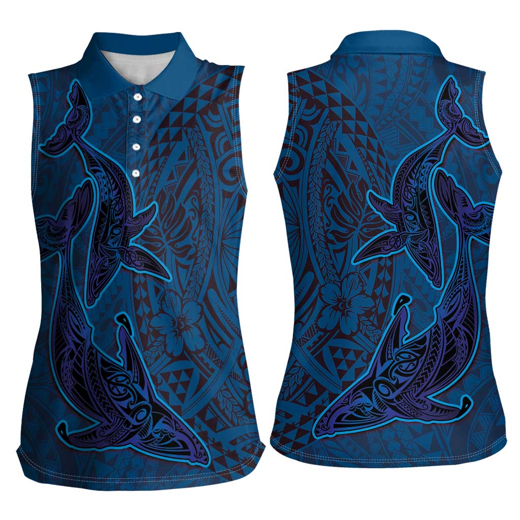 Hawaiian Whales Polynesian Art Motifs Women Sleeveless Polo Shirt Blue Color - Polynesian Pride