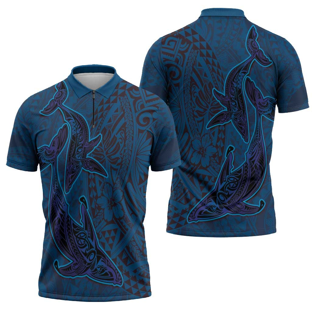 Hawaiian Whales Polynesian Art Motifs Zipper Polo Shirt Blue Color - Polynesian Pride