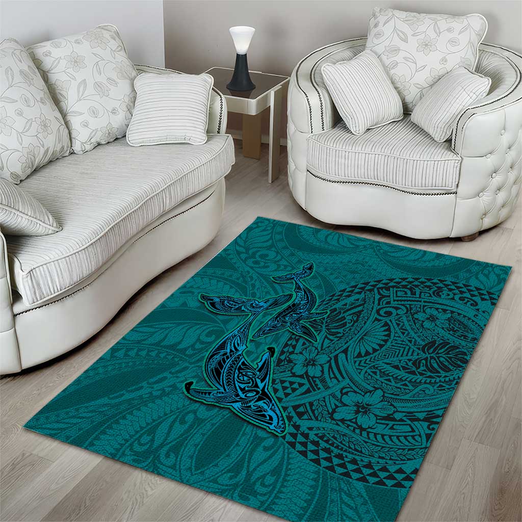Hawaiian Whales Polynesian Art Motifs Area Rug Turquoise Color - Polynesian Pride