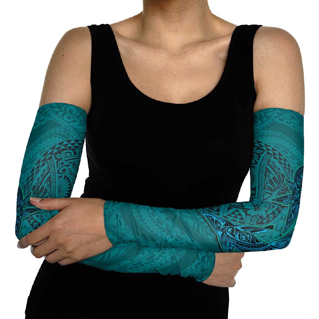 Hawaiian Whales Polynesian Art Motifs Arm Sleeves Turquoise Color - Polynesian Pride