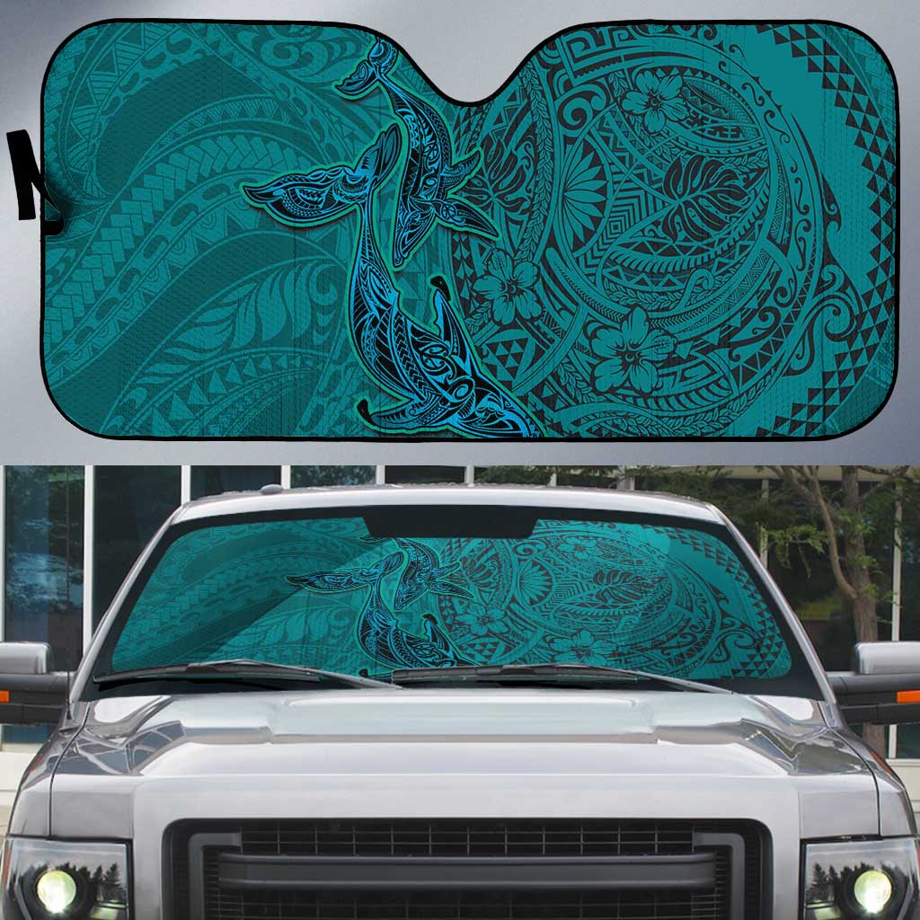 Hawaiian Whales Polynesian Art Motifs Auto Sun Shade Turquoise Color - Polynesian Pride
