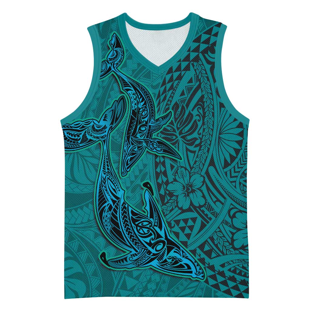 Hawaiian Whales Polynesian Art Motifs Basketball Jersey Turquoise Color - Polynesian Pride