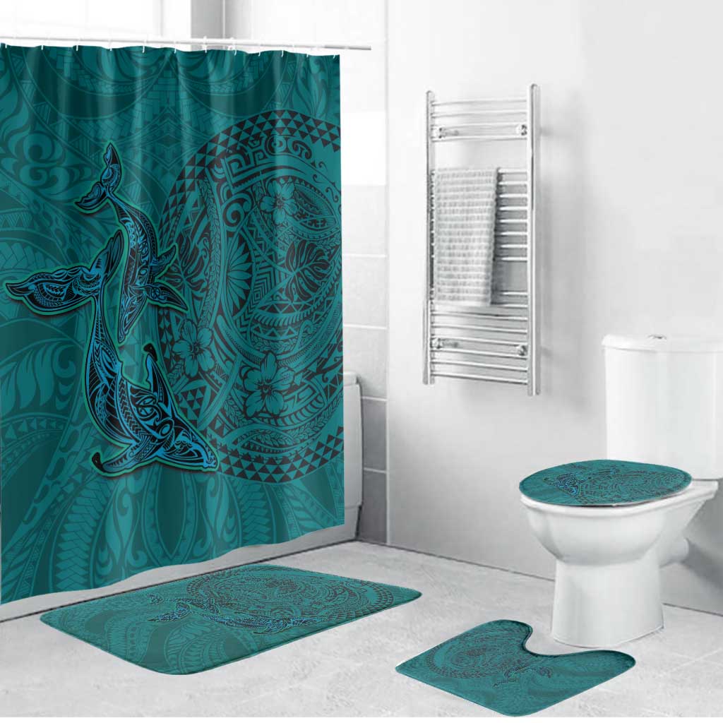Hawaiian Whales Polynesian Art Motifs Bathroom Set Turquoise Color - Polynesian Pride