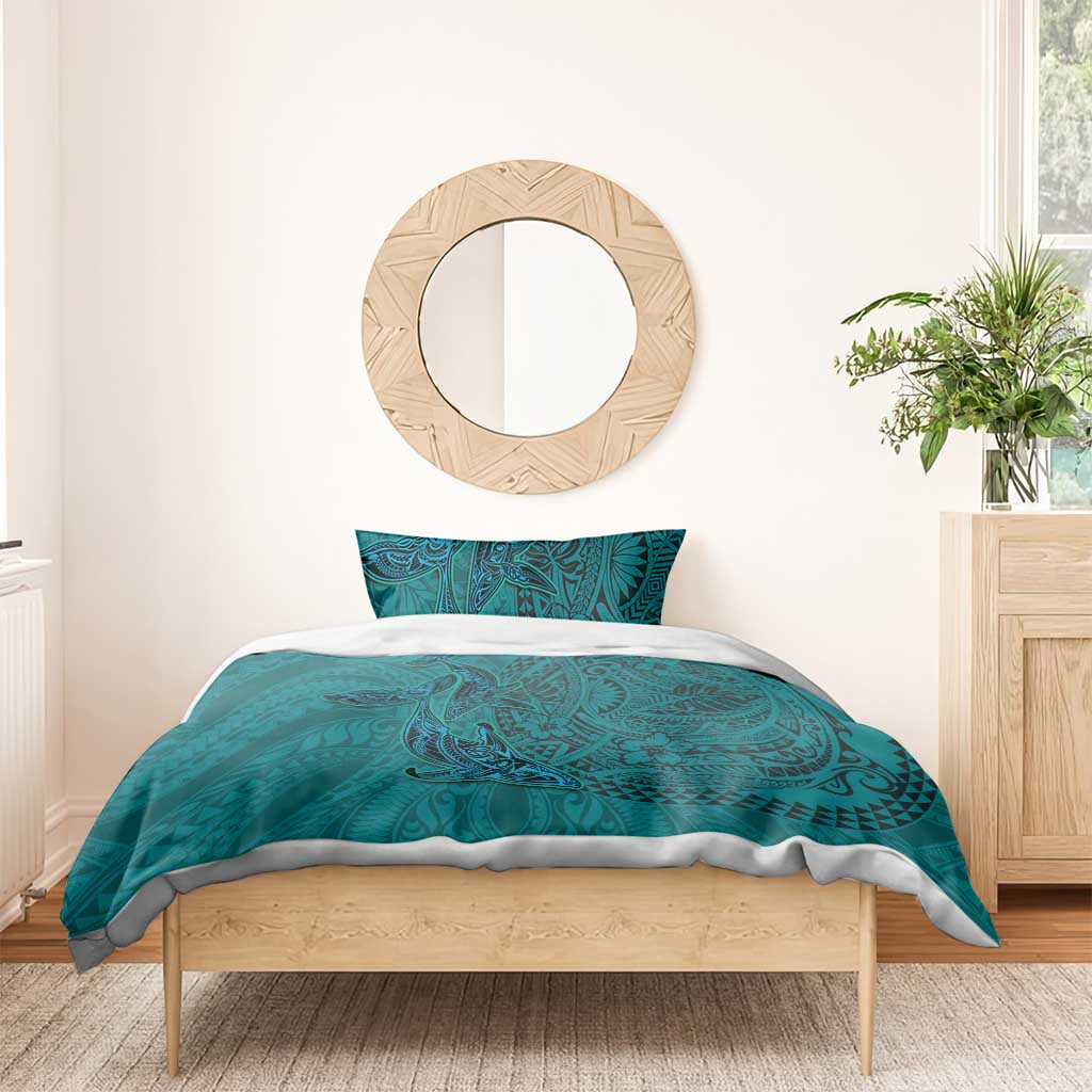 Hawaiian Whales Polynesian Art Motifs Bedding Set Turquoise Color - Polynesian Pride