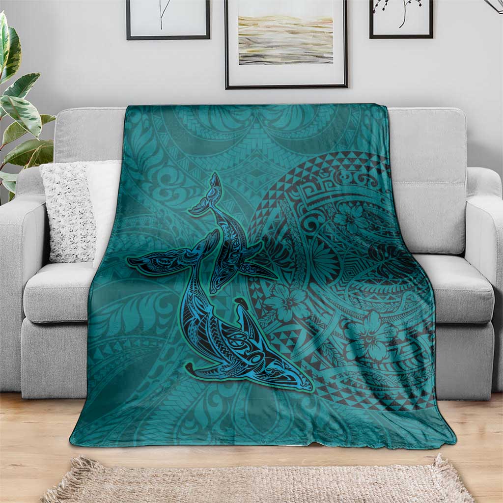 Hawaiian Whales Polynesian Art Motifs Blanket Turquoise Color - Polynesian Pride