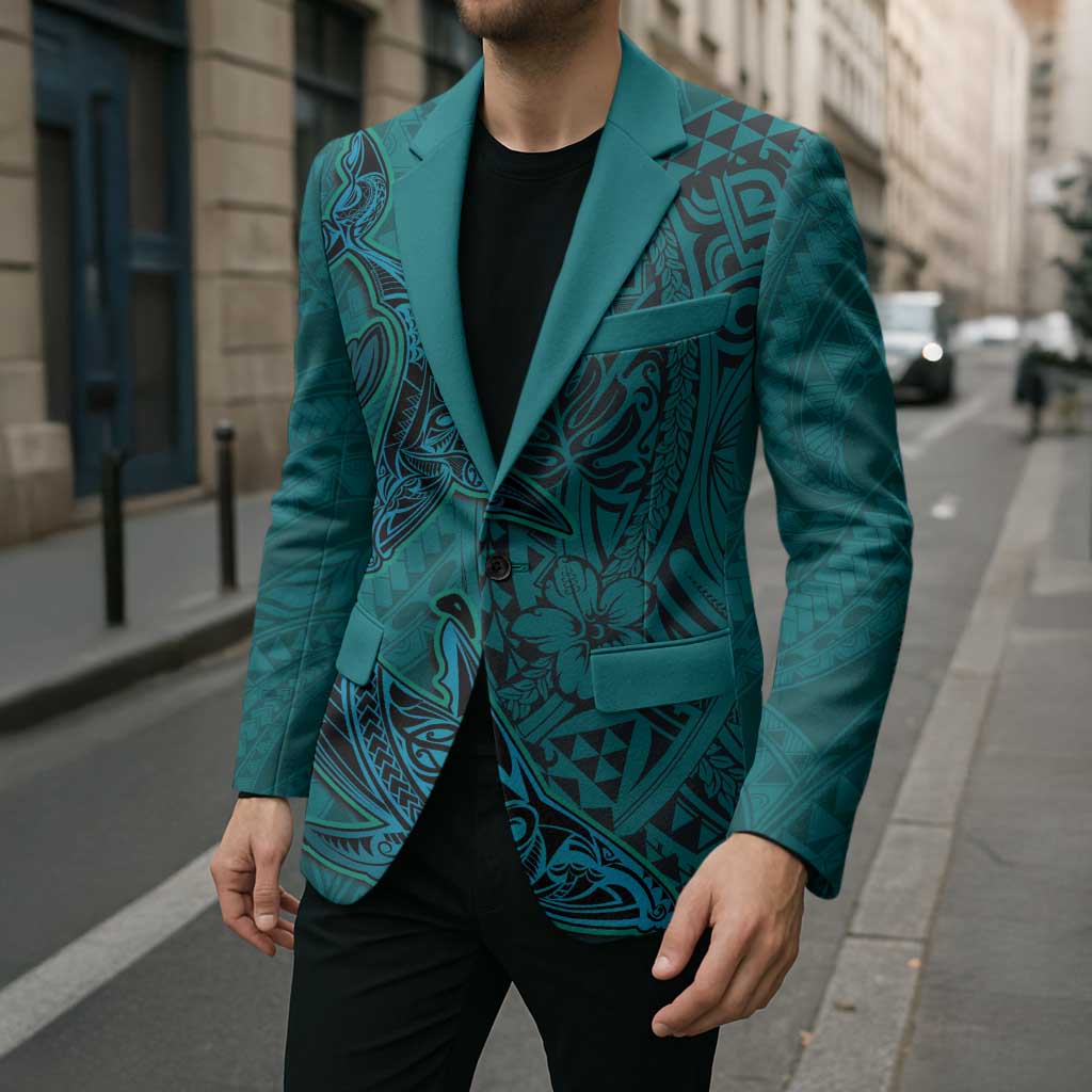 Hawaiian Whales Polynesian Art Motifs Blazer Turquoise Color - Polynesian Pride
