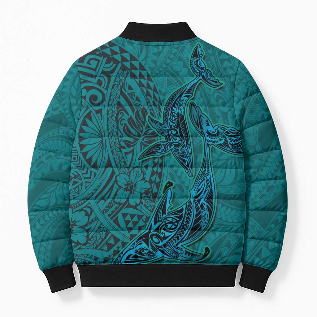 Hawaiian Whales Polynesian Art Motifs Bomber Puffer Jacket Turquoise Color - Polynesian Pride