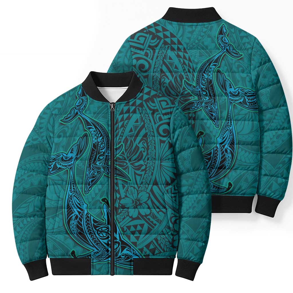 Hawaiian Whales Polynesian Art Motifs Bomber Puffer Jacket Turquoise Color - Polynesian Pride