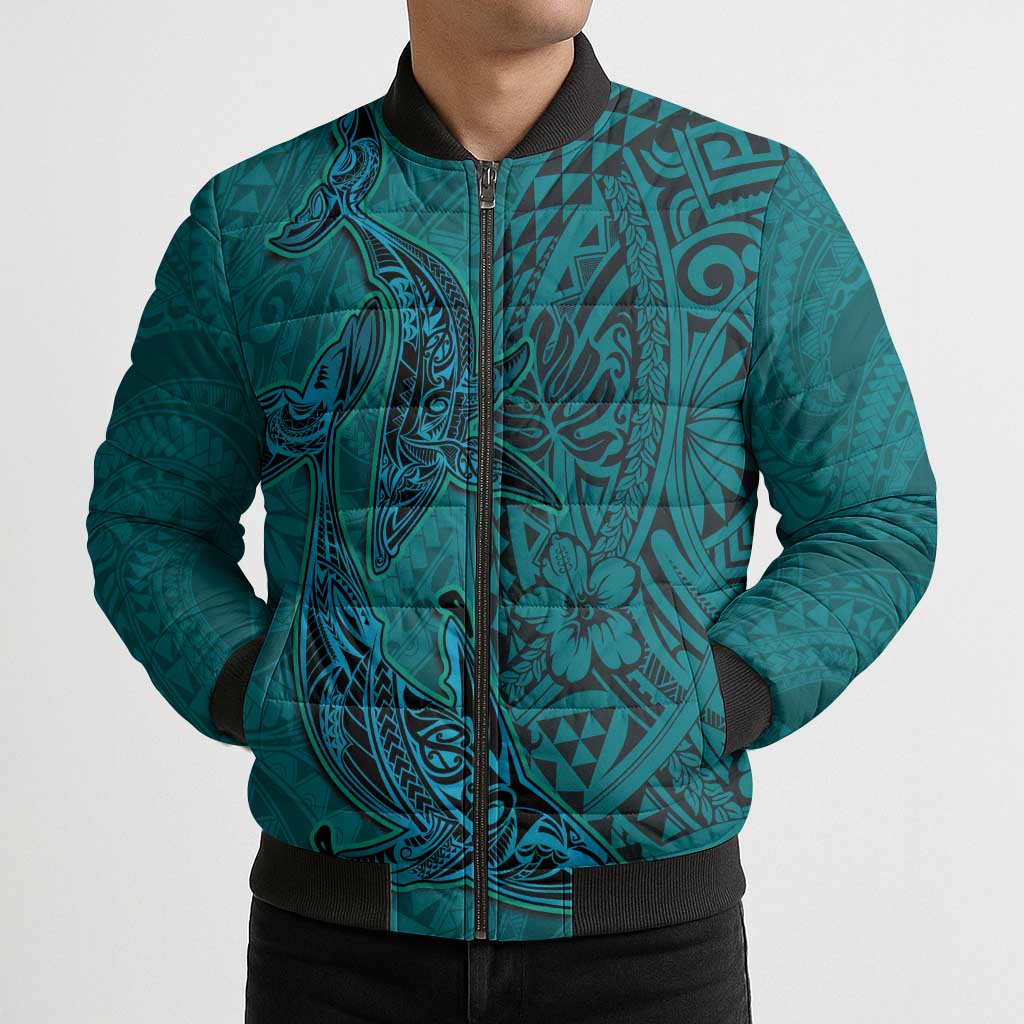 Hawaiian Whales Polynesian Art Motifs Bomber Puffer Jacket Turquoise Color - Polynesian Pride
