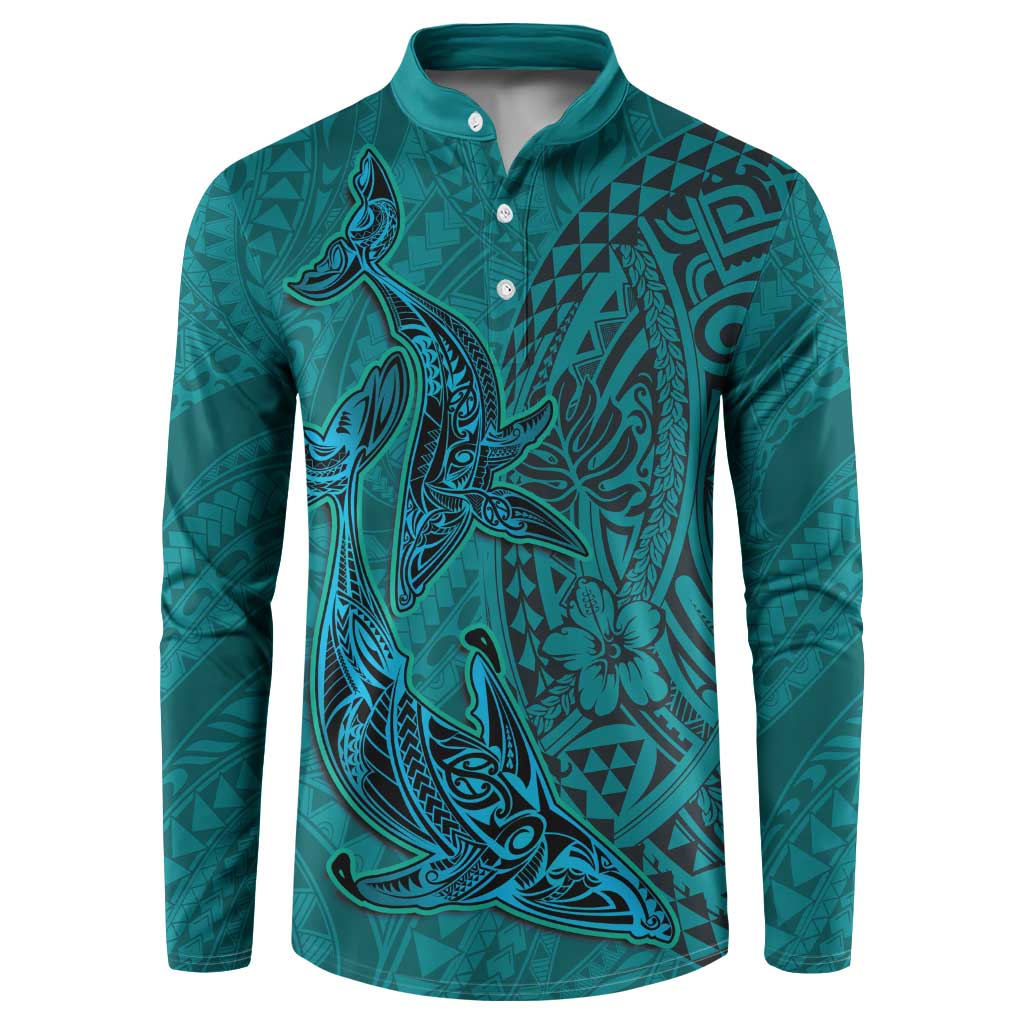 Hawaiian Whales Polynesian Art Motifs Button Sweatshirt Turquoise Color - Polynesian Pride