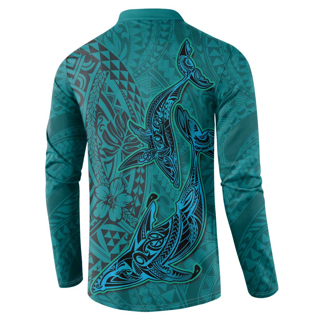 Hawaiian Whales Polynesian Art Motifs Button Sweatshirt Turquoise Color - Polynesian Pride